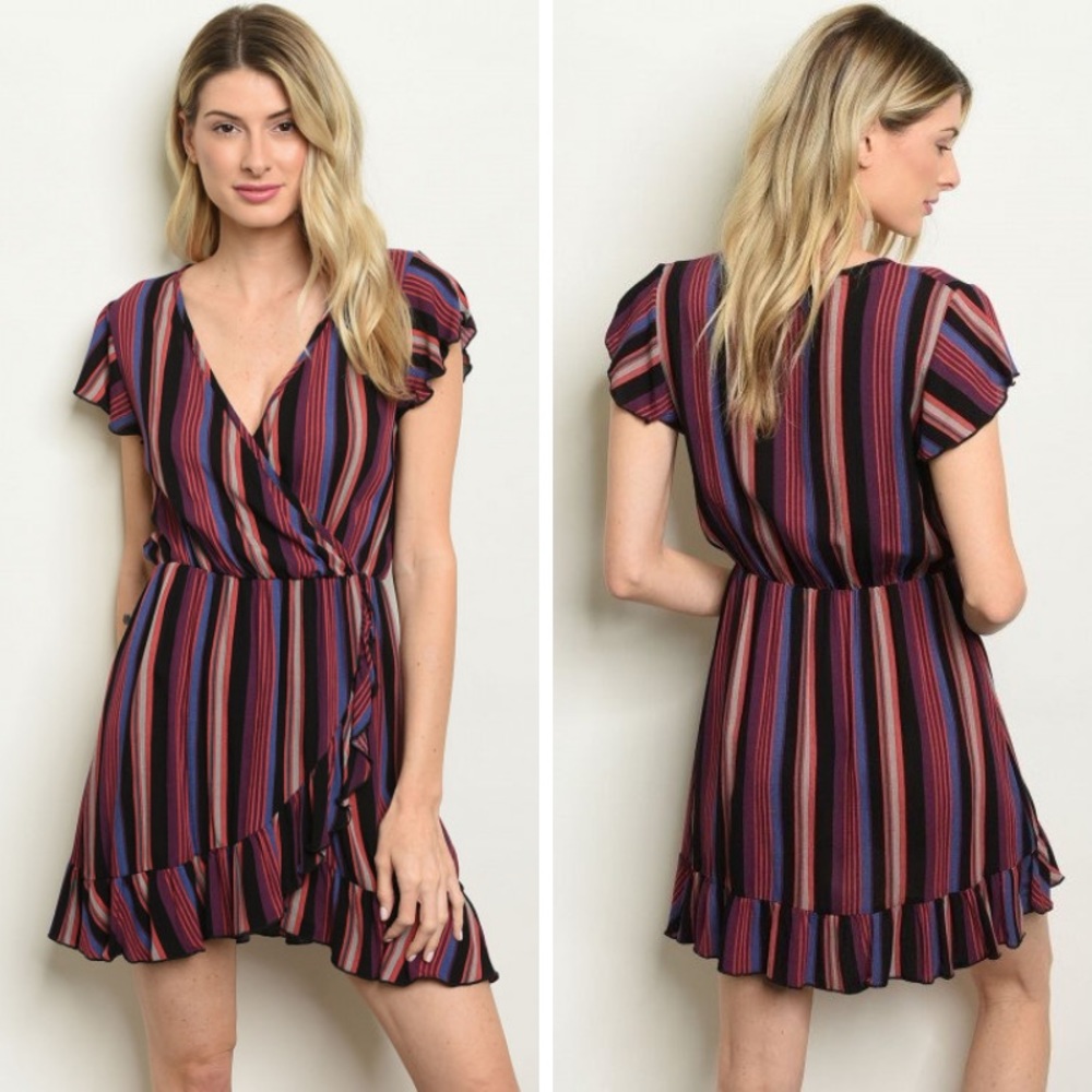 Short Sleeve V-neck Striped Dress